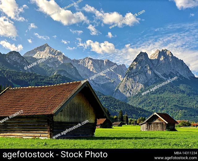 hay barn in front of Wetterstein mountains in Garmisch-Partenkirchen