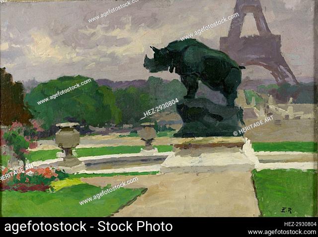 Jardin du Trocadéro avec le Rhinocéros de Jacquemart, 1922. Creator: Jules Ernest Renoux