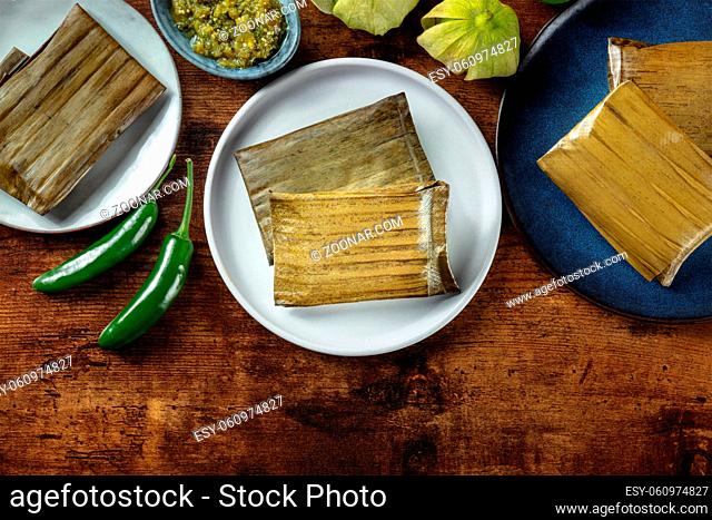 Tamales oaxaquenos, traditional dish of the cuisine of Mexico, various stuffings wrapped in green leaves, overhead flat lay shot