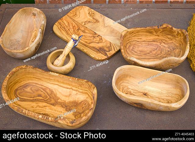 France, Cote d'Azur, Nice, olive wood carvings, implements,