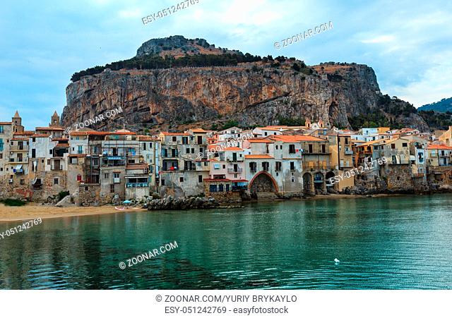 Cefalu old beautiful town beach, harbor and la Rocca view, Palermo region, Sicily, Italy