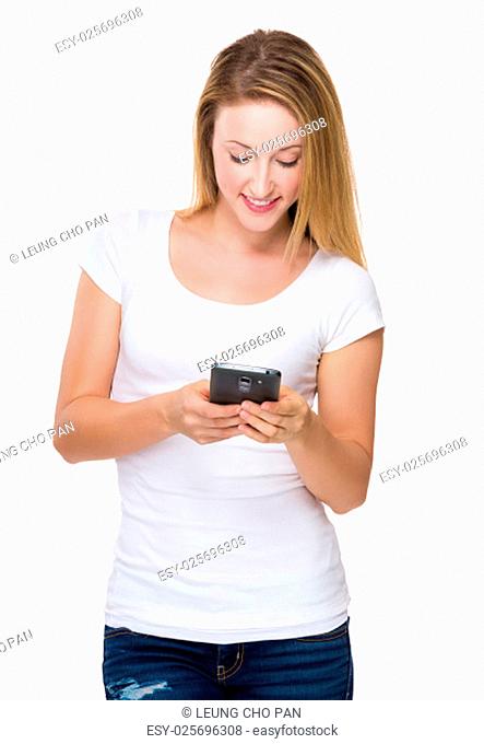 Caucasian woman look at cellphone