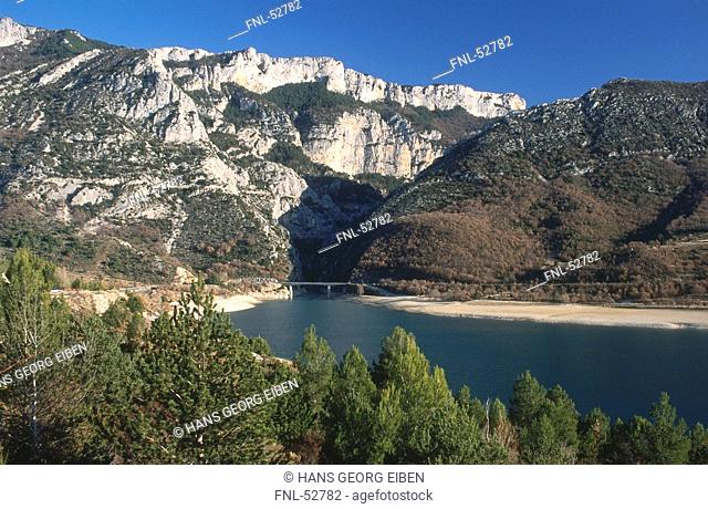 Rock formations at riverbank, Verdon Gorge, Provence-Alpes-Cote d'Azur, France
