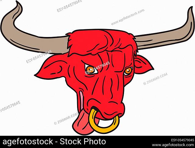 Drawing sketch style illustration of a texas longhorn red bull head tongue out set on isolated white background