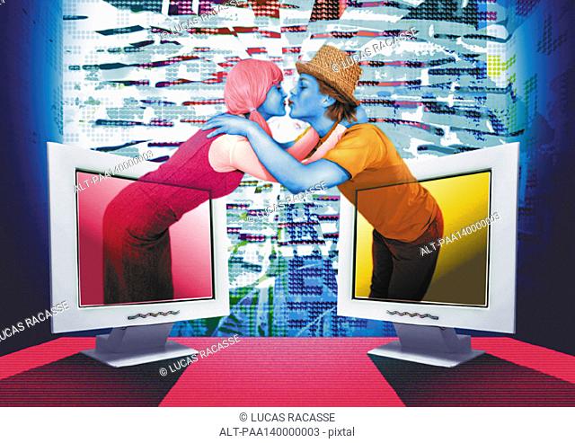 Man and woman each emerging from a computer screen, kissing each other, digital composite