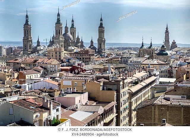 Panoramic views of Old town of Zaragoza with Basilic of Our Lady background, Zaragoza, Aragon, Spain