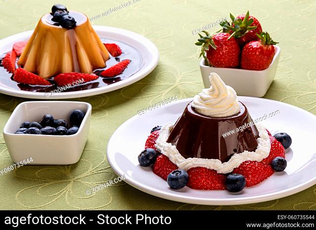 chocolate pudding with fruits and whipped cream