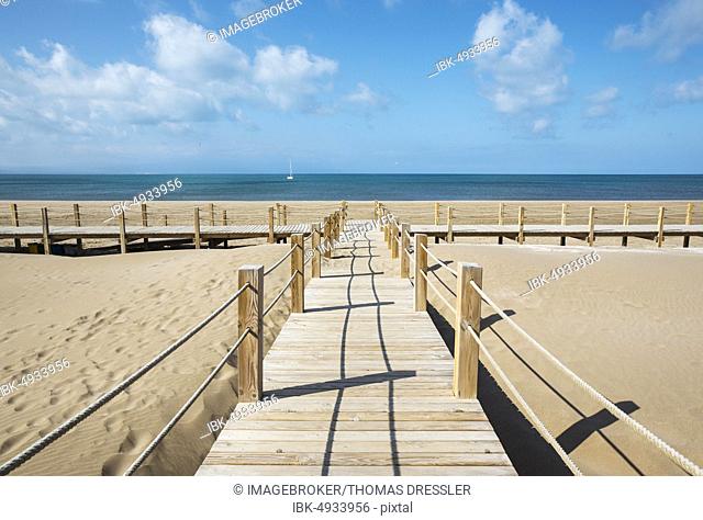 Wooden footbridges at the beach of Riumar, Ebro Delta Nature Reserve, Tarragona province, Catalonia, Spain, Europe