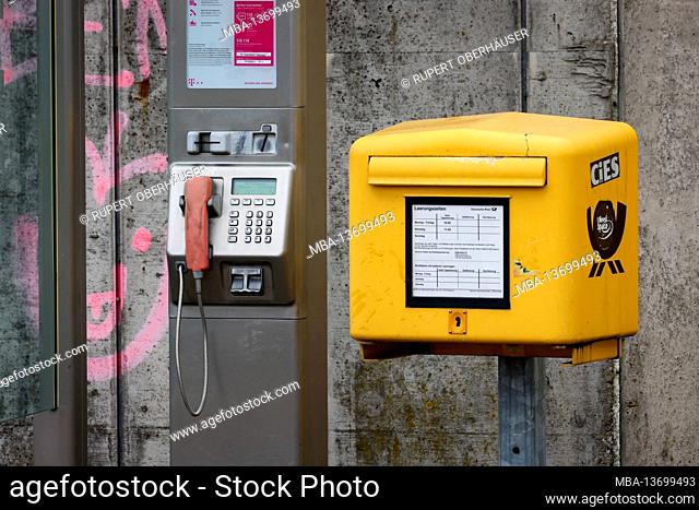 Krefeld, North Rhine-Westphalia, Germany - public phone booth and post box