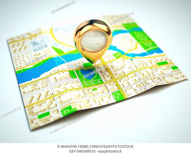 Navigation concept. GPS map of the city and golden pin. 3d