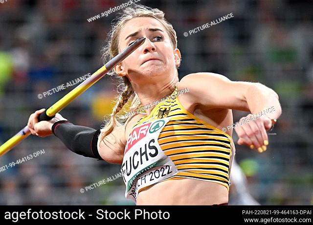 20 August 2022, Bavaria, Munich: European Championships, athletics, javelin throw, women, final at the Olympic Stadium, Annika Marie Fuchs from Germany in...