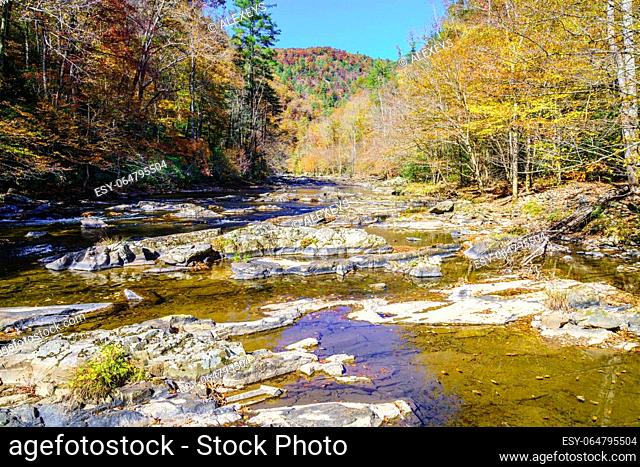 Scenic view of Big Laurel Creek in North Carolina in fall