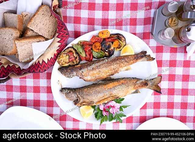 01 May 2023, Albania, Lin: A grilled Ohrid trout lies on a plate. Photo: Sebastian Kahnert/dpa. - Lin/Pogradec/Albania