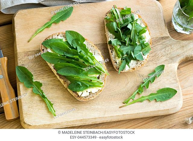Two slices of sourdough bread with butter and fresh dandelion leaves