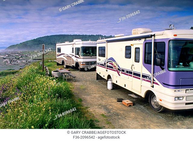 Motorhome camped at beach, Redwood National Park, near Orick, Humboldt County, CALIFORNIA