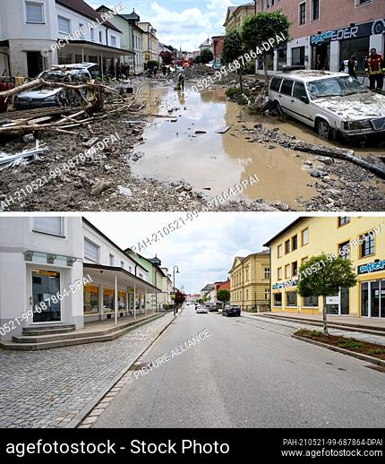 21 May 2021, Bavaria, Simbach Am Inn: KOMBO - The image combo shows a part of the town affected by the flood (top archive image from 03.06