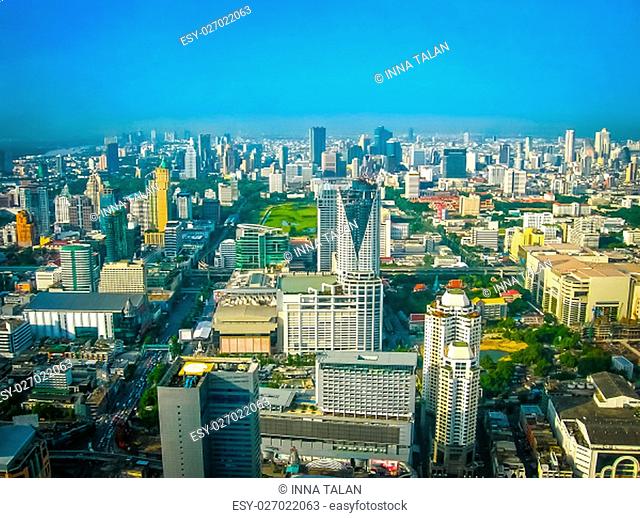 The arial panorama of Bangkok city near Petchburi Road at Thailand