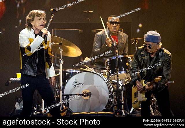 05 June 2022, Bavaria, Munich: Singer Mick Jagger (l-r), drummer Steve Jordan and guitarist Keith Richards of the British band ""The Rolling Stones"" are on...