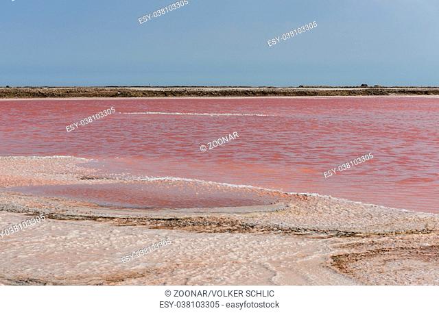 Pink water of the salt works in Walvis Bay, Namibia