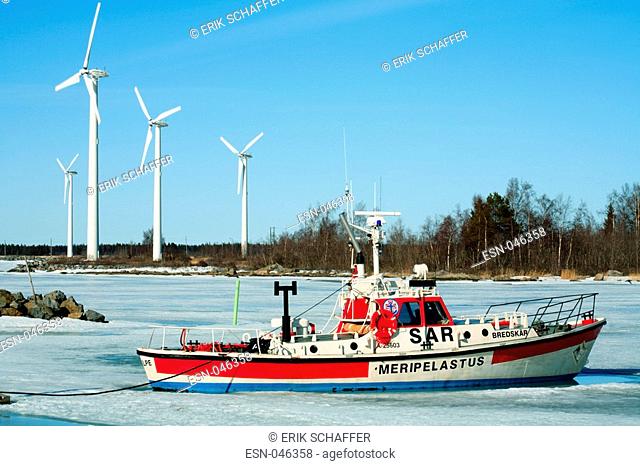 Wind turbines and life boat - Gulf of Bothnia, Ostrobothnia, Finland