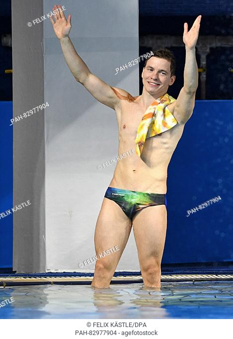 Martin Wolfram of Germany reacts after his dive during the Men's 10m Platform Final of the Diving event during the Rio 2016 Olympic Games at the Maria Lenk...