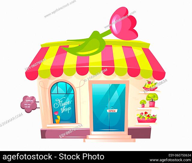 Flower shop exterior cartoon vector illustration. Florist place shopfront flat color object. Cute building with awning and tulip
