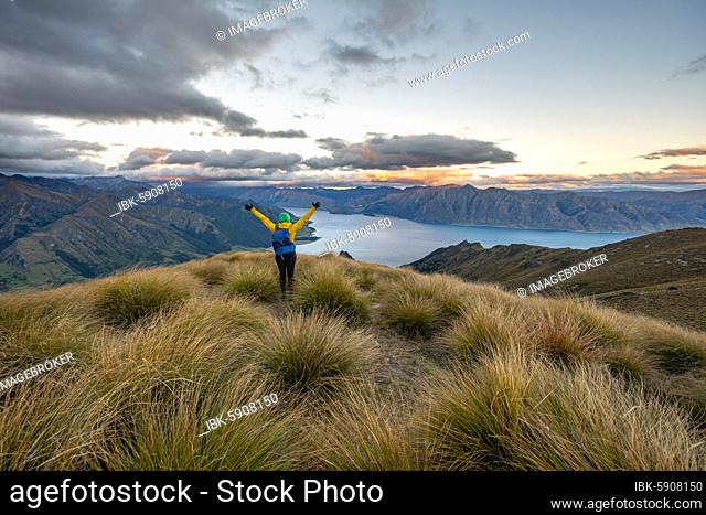 Hiker stretches her arms in the air, view of Lake Hawea at sunset, lake and mountain scenery, view from Isthmus Peak, Wanaka, Otago, South Island, New Zealand