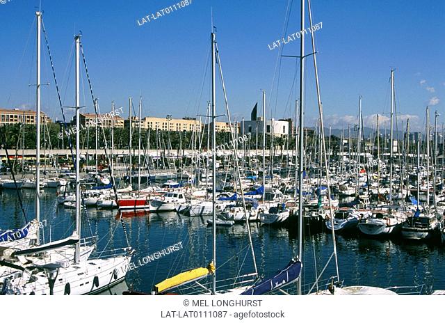 Port Olimpic. Marina moorings. Yachts. Buildings