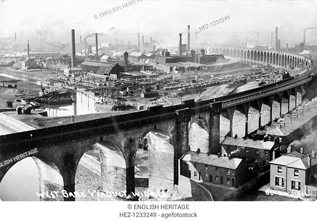 West Bank Viaduct, Widnes, Cheshire, c1920. The bridge over the Mersey between Widnes and Runcorn cut 9 miles off the journey between Liverpool and London