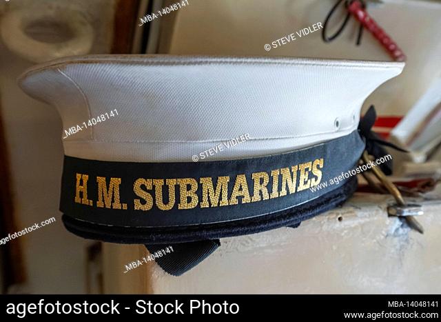 england, hampshire, portsmouth, gosport, portsmouth historic dockyard, submarine museum, hms alliance submarine, h.m.submarines crewman's cap