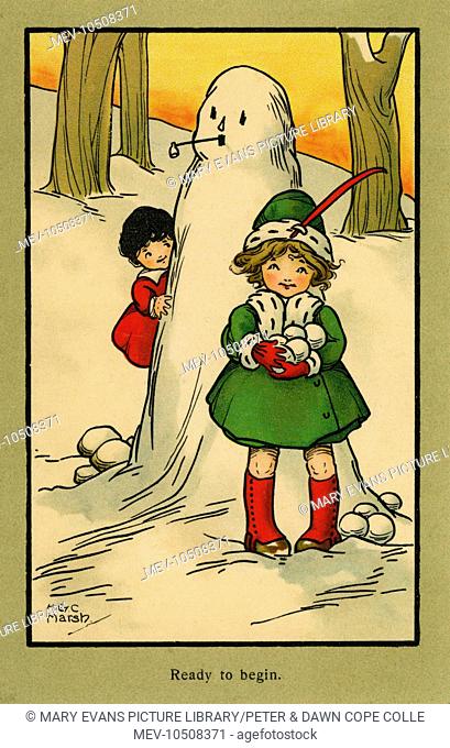 Ready to begin -- two children with a snowman and snowballs