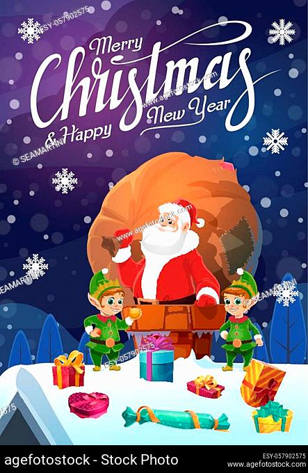 Santa Claus on roof in chimney, sack of Christmas gifts and gnomes. Vector present boxes with bow, winter holiday greeting card, fairy characters