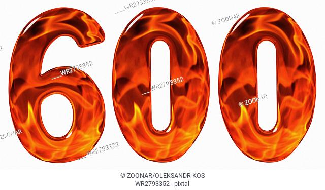 600, six hundred, numeral, imitation glass and a blazing fire, isolated on white background