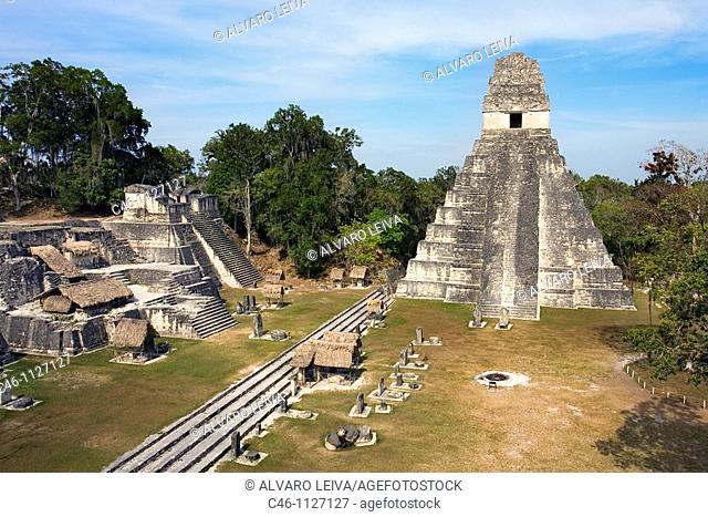 Great Plaza and Temple of the Giant Jaguar. Temple I.  Mayan ruins of Tikal. Guatemala