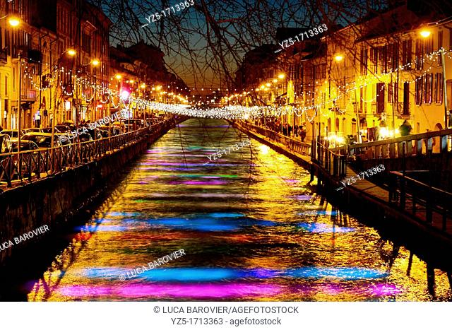 Lighted river during Christmas - Naviglio Grande, Milano Italy