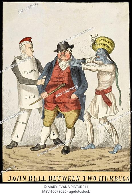 'John Bull between two humbugs' John Bull with the Reform Bill on one side, and Indian cholera on the other. The cholera outbreak in Britain had begun in autumn...