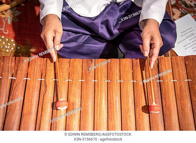 A man plays the Roneat Aek (Bamboo / wooden xylophone)
