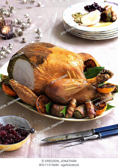 Roast turkey with a herb and pistachio stuffing
