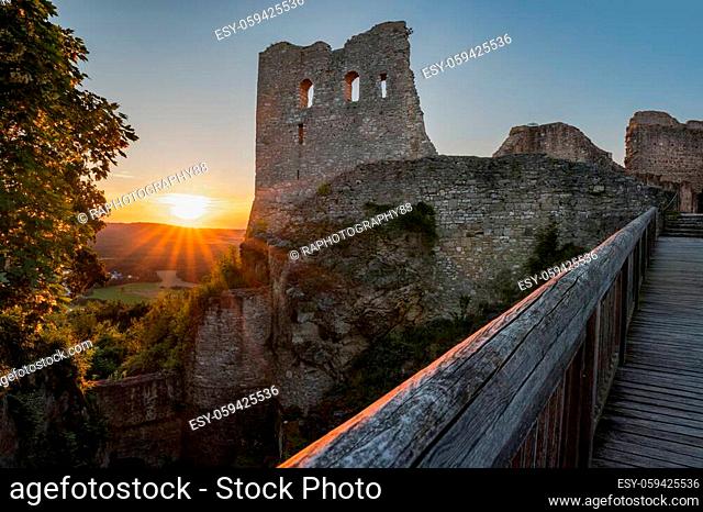 Sunset on castle ruin Wolfstein at Neumarkt, summer evening