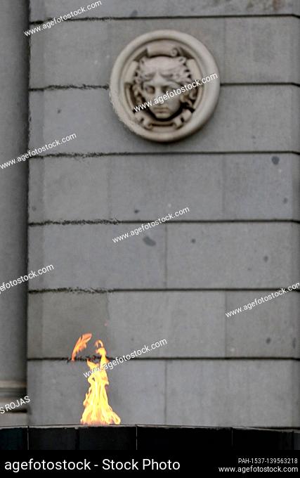 Madrid, Spain; 02/02/2021.- Details of the building of the Bank of Spain and the Permanent Flame for the victims of the Covid-19 Pandemic