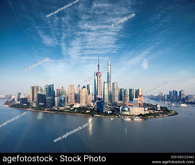 aerial view of shanghai skyline, lujiazui financial center is like a peninsula