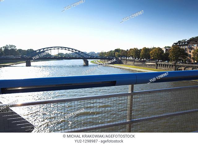 View from Bernatka footbridge towards Pilsudski Bridge in Krakow, Poland