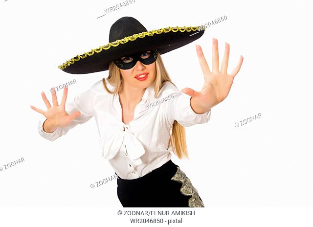 Woman wearing sombrero isolated on white