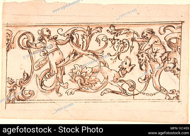 Drawing for a Frieze with Rinceau and Grotteschi. Artist: Anonymous, Italian, 17th century; Date: 17th century; Medium: Pen and brown ink