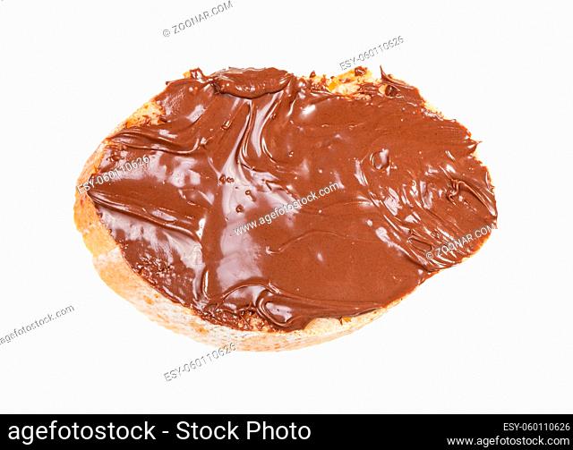 top view of open sandwich with fresh bread and chocolate spread isolated on white background