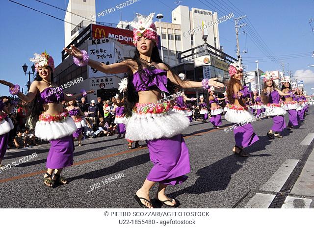 Naha, Okinawa, Japan, Hawaiian Hula dancers along Kokusai-dori during the Naha Festival October