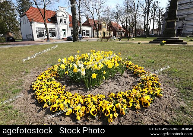 28 April 2021, Mecklenburg-Western Pomerania, Lübtheen: The church square in the centre of the town of 4900 inhabitants near the Lower Saxony border