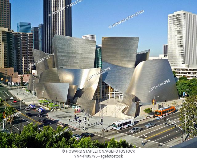 Walt Disney Concert Hall and Downtown Los Angeles. Disney Hall was designed by architect Frank Gehry. Los Angeles, California