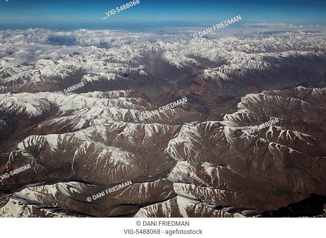 Aerial view of snow covered Himalayan mountains, Ladakh, Jammu and Kashmir, India. - LADAKH, INDIA, 09/07/2014