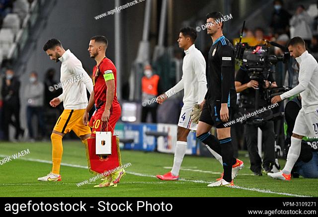 Belgium's Eden Hazard and Belgium's goalkeeper Thibaut Courtois pictured at the start of a soccer game between Belgian national team Red Devils and France